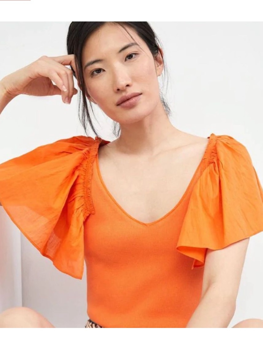 Anthropologie Maeve | Orange Flutter Sleeve‎ Rib Knit B Neck Top XS
